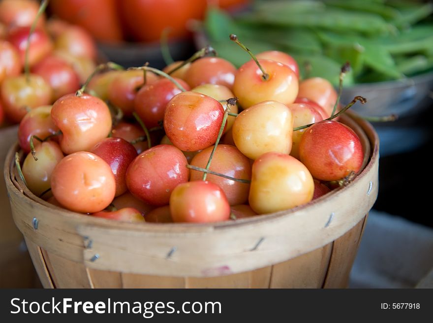 An image of baskets filled with fresh Mt. Rainier cherries. An image of baskets filled with fresh Mt. Rainier cherries