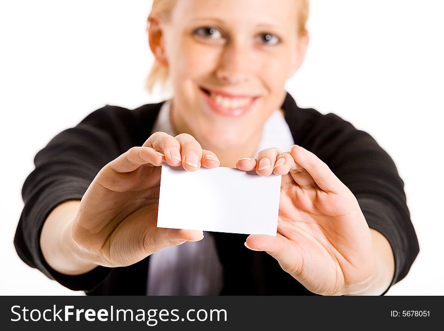 Business woman presenting her white card. Focus in on the hand with the empty white card. Business woman presenting her white card. Focus in on the hand with the empty white card.