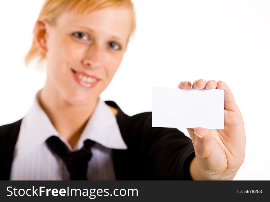 Business woman presenting her white card. Focus in on the hand with the empty white card. Business woman presenting her white card. Focus in on the hand with the empty white card.