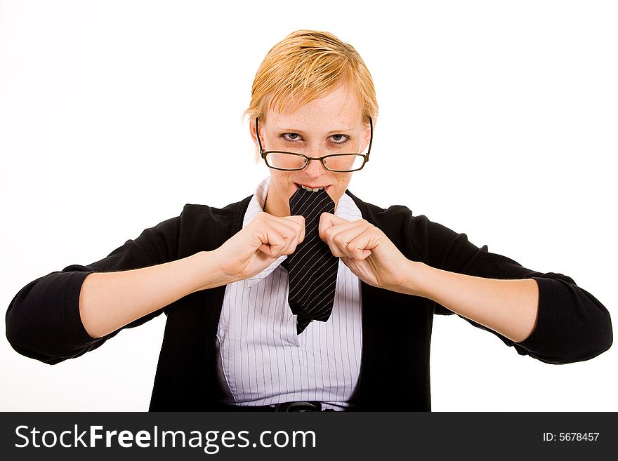 Frustrated business woman is eating her necktie. Frustrated business woman is eating her necktie