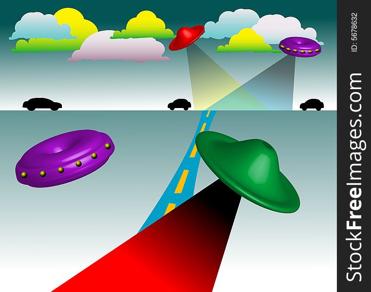 Abstract colored illustration with road, clouds, cars and many unidentified flying objects floating in the sky