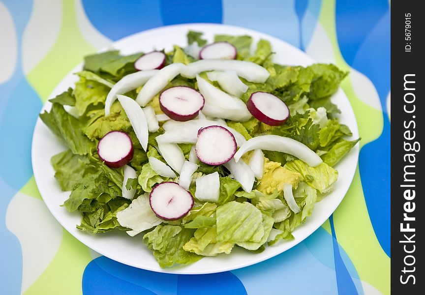 Simple salad with lettuce, radishes, onions, avocado on a contemporary retro place setting. Simple salad with lettuce, radishes, onions, avocado on a contemporary retro place setting.