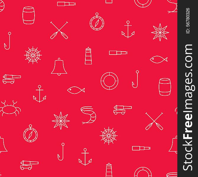 Marine line icons seamless vector pattern on red background