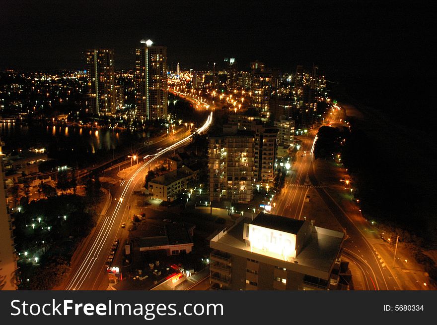 Photo of the gold coast from a high building at nigh time. car movement. Photo of the gold coast from a high building at nigh time. car movement