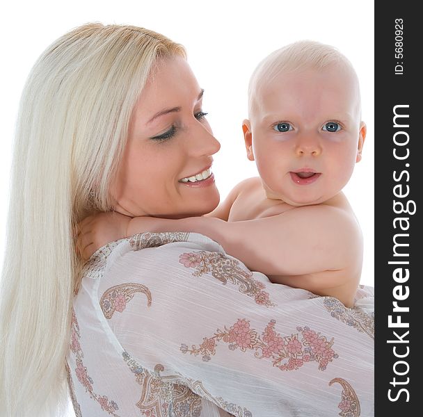 Happy mother with baby over white