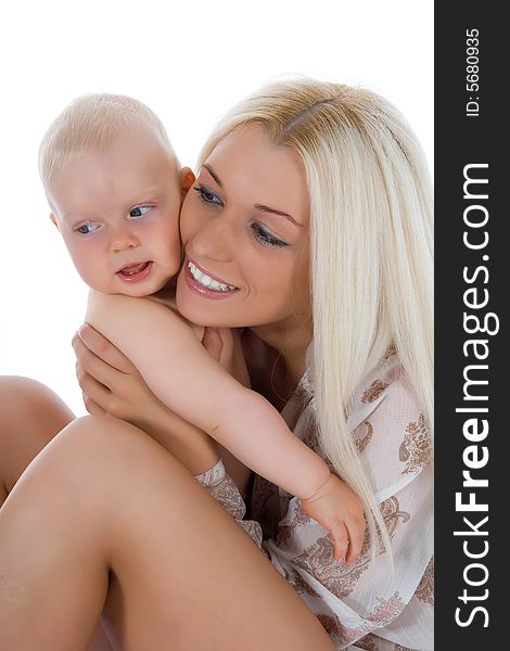 Happy mother with baby over white