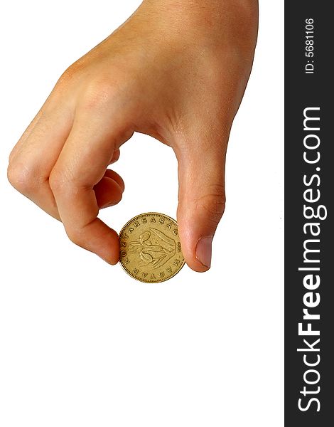 Photo of the coin in a hand on white background. Photo of the coin in a hand on white background