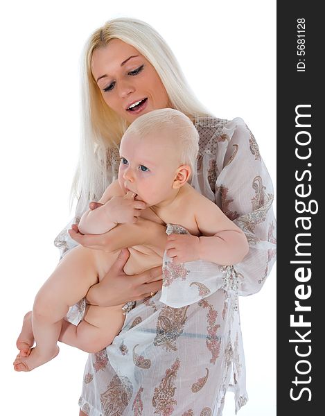 Happy mother with baby over white