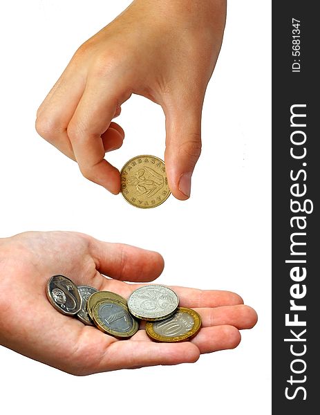 Photo of the hand puting coins in a palm on white background