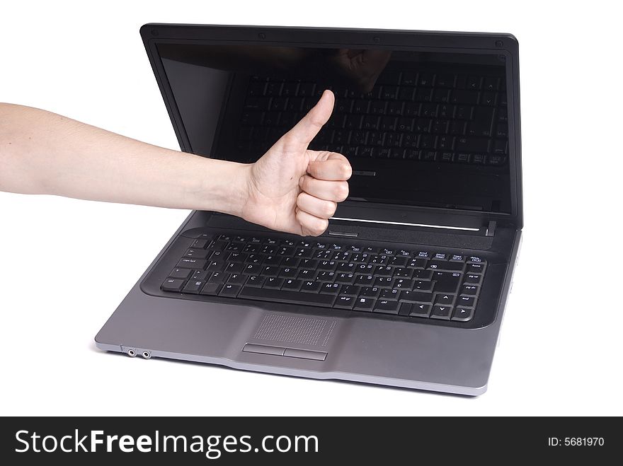 Open laptop in a white background and a ok hand. Open laptop in a white background and a ok hand