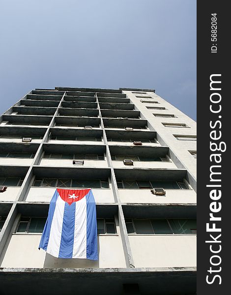 A Cuba flag in a building at havana vieja