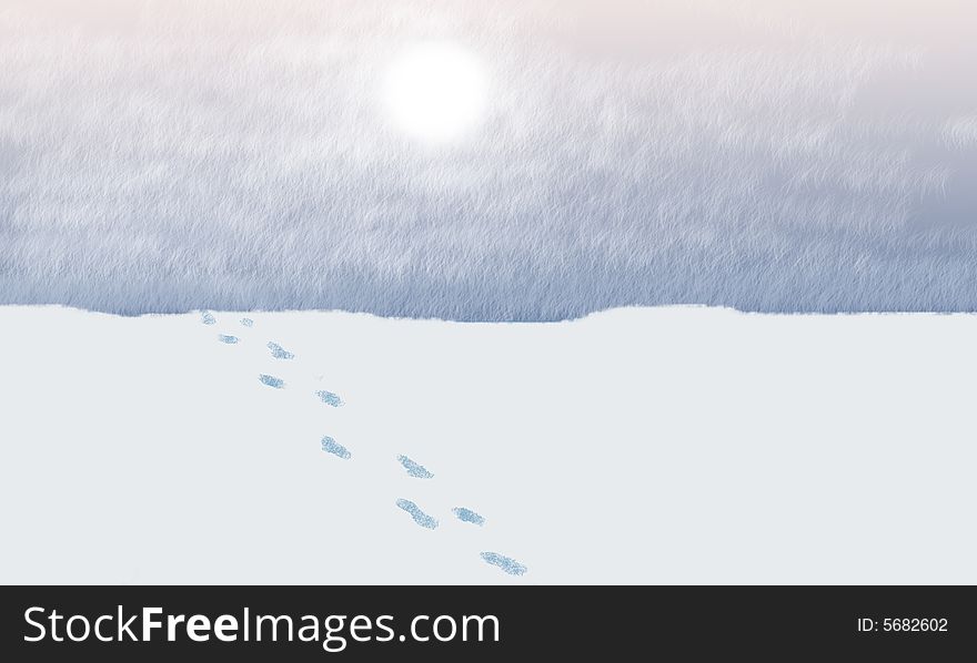 Some footsteps in the snow. Coloured picture.