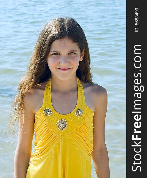Portrait Fun girl on sea background for your design