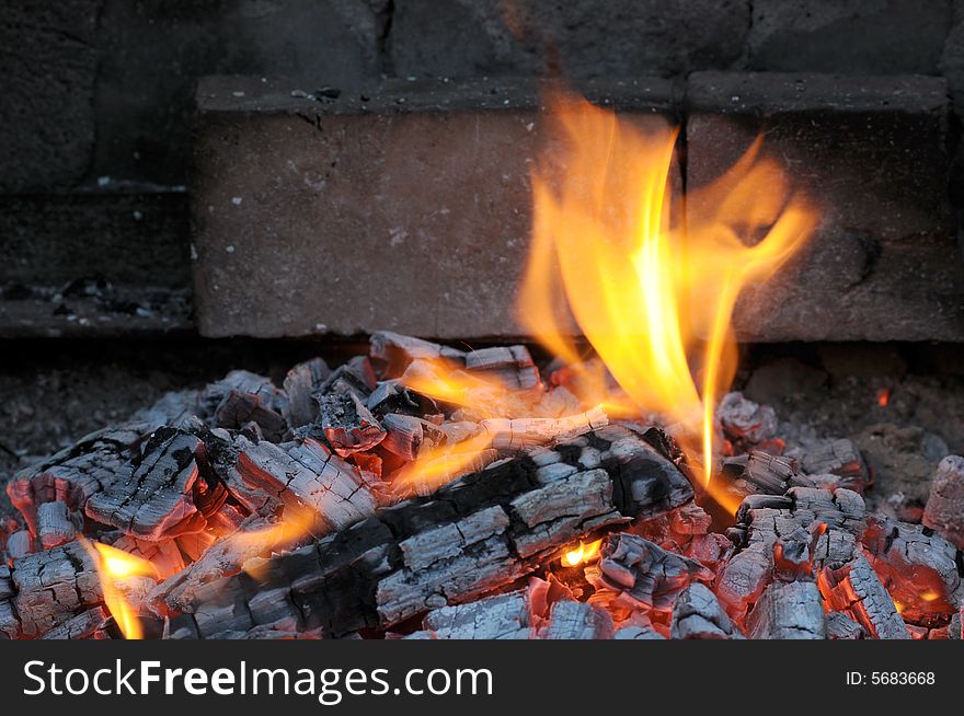 Burning fire wood in fireplace