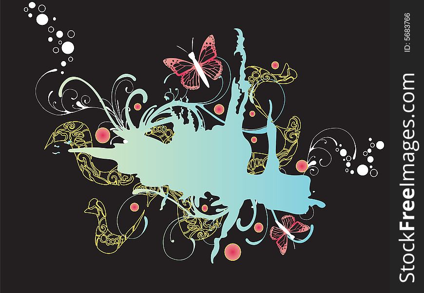 Illustration of a grungy background with butterflies