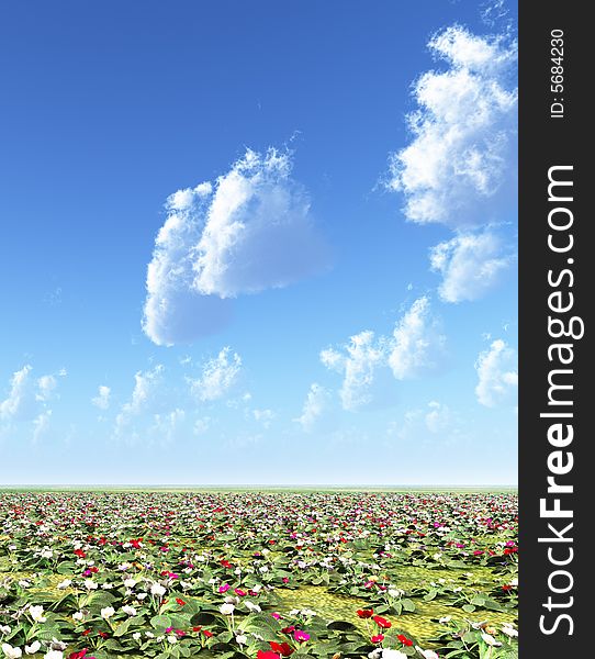 Beautiful field of flowers. 3d image. Beautiful field of flowers. 3d image