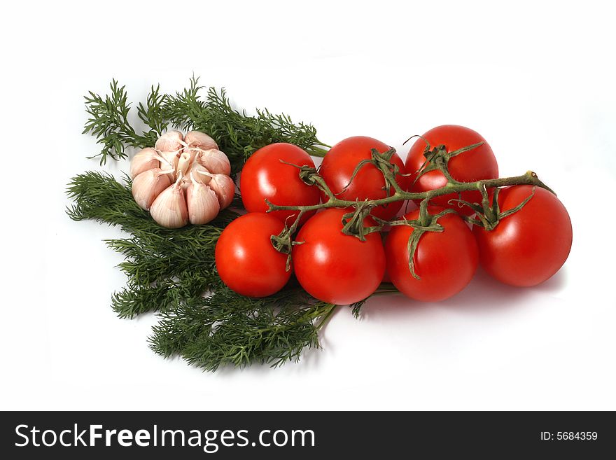 Garlic, fennel and tomatoes branch on a white background