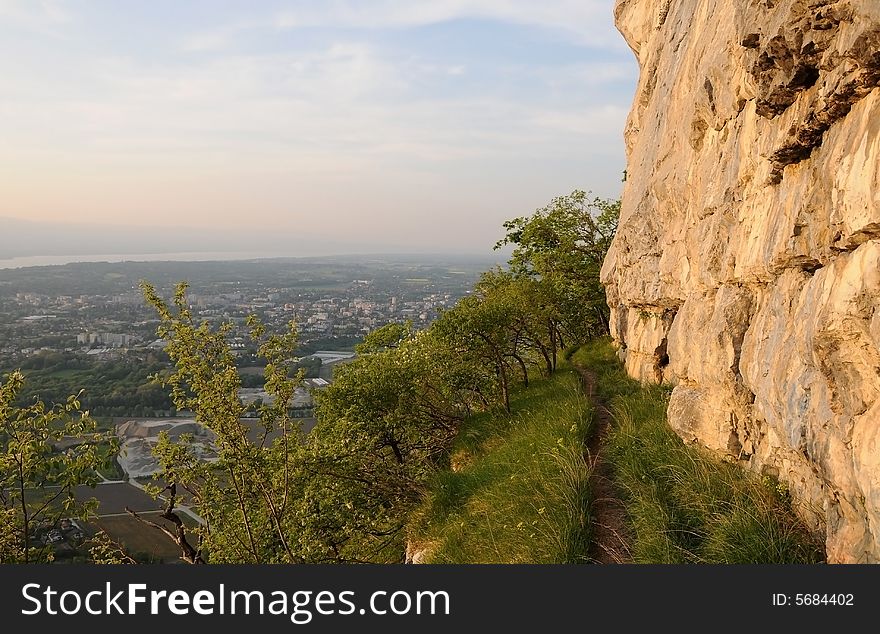 Mountain path with  view on lake of Geneva at sunset