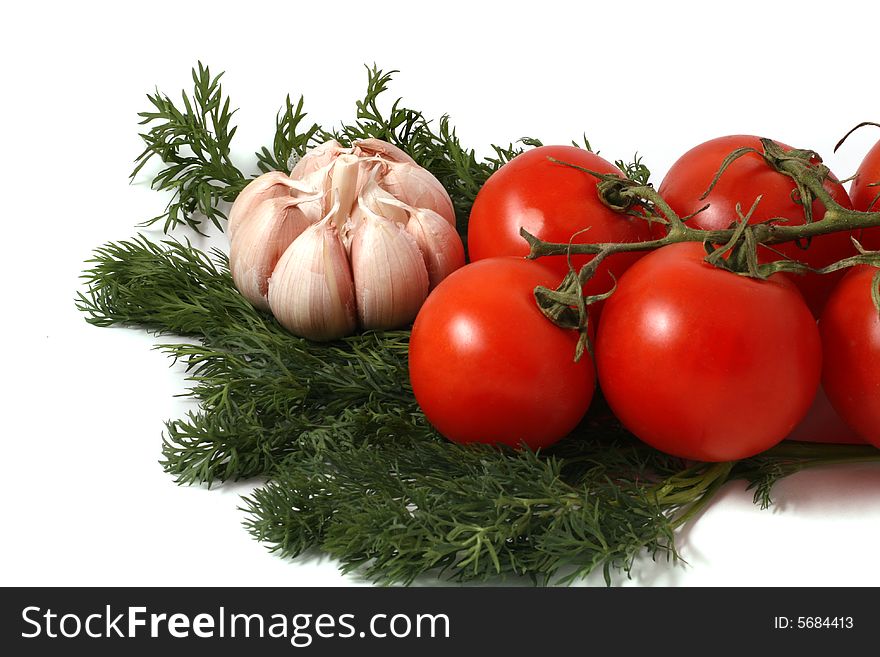 Garlic, fennel and tomatoes branch on a white background