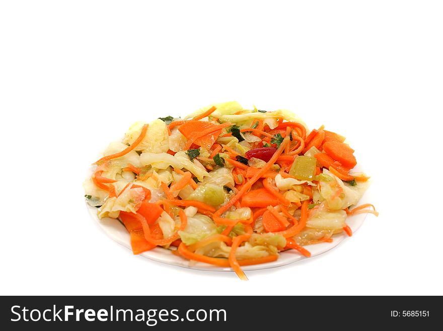 The Plate with vegetable mixture on white background.