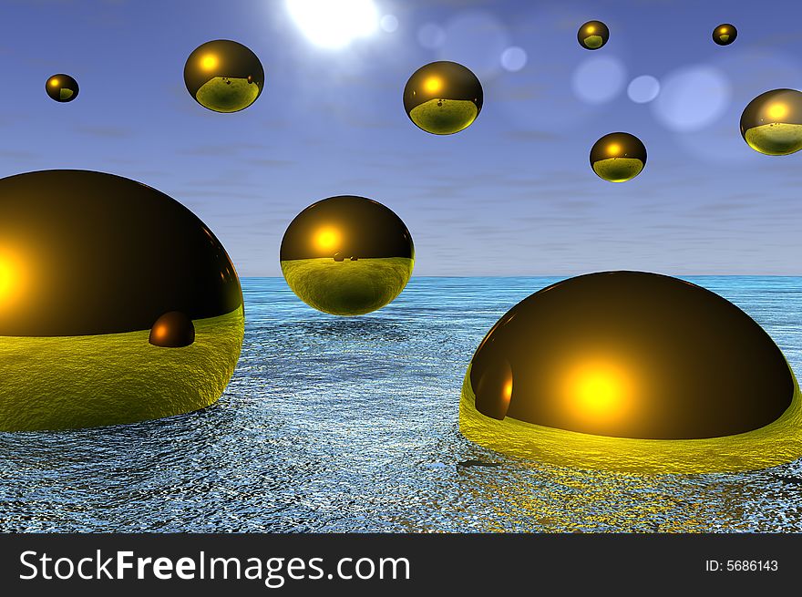 Some golden spheres in open sea scenary