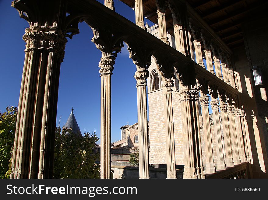 Columns of a royal palace in a castle in olite, Navarra, Spain