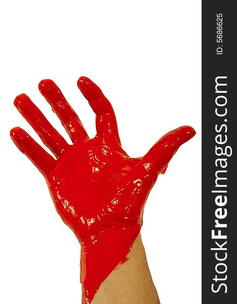 Hand is covered with red paint. Hand is covered with red paint.