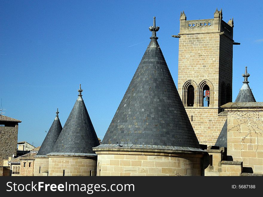 Towers of a castle and fortress in Olite in Navarra, Spain