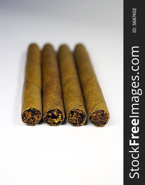 Close-up of four cigars from the front end on a white background