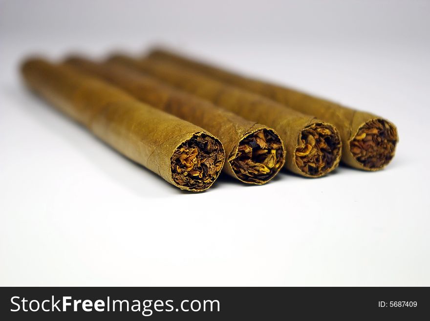 Close-up of four cigars from the front end on a white background