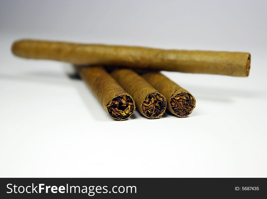 Four cigars on a white and gray background close-up