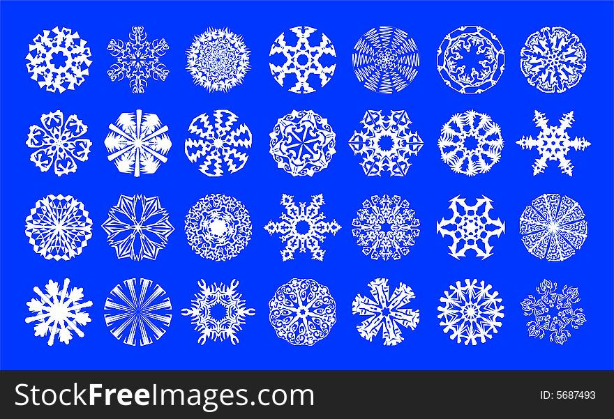 28 whitel snowflakes on blue background. 28 whitel snowflakes on blue background