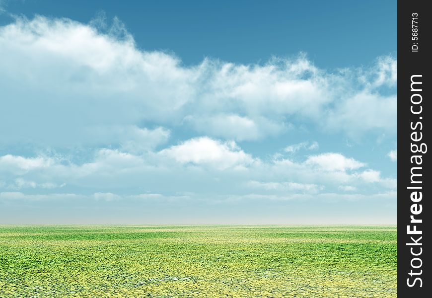 Green field and sky with fluffy clouds. Green field and sky with fluffy clouds