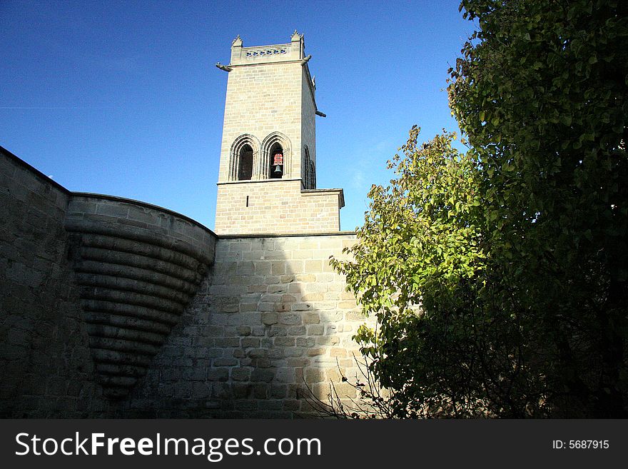 Bell-tower with a wall in a castle in Olite in Navarra, Spain. Bell-tower with a wall in a castle in Olite in Navarra, Spain
