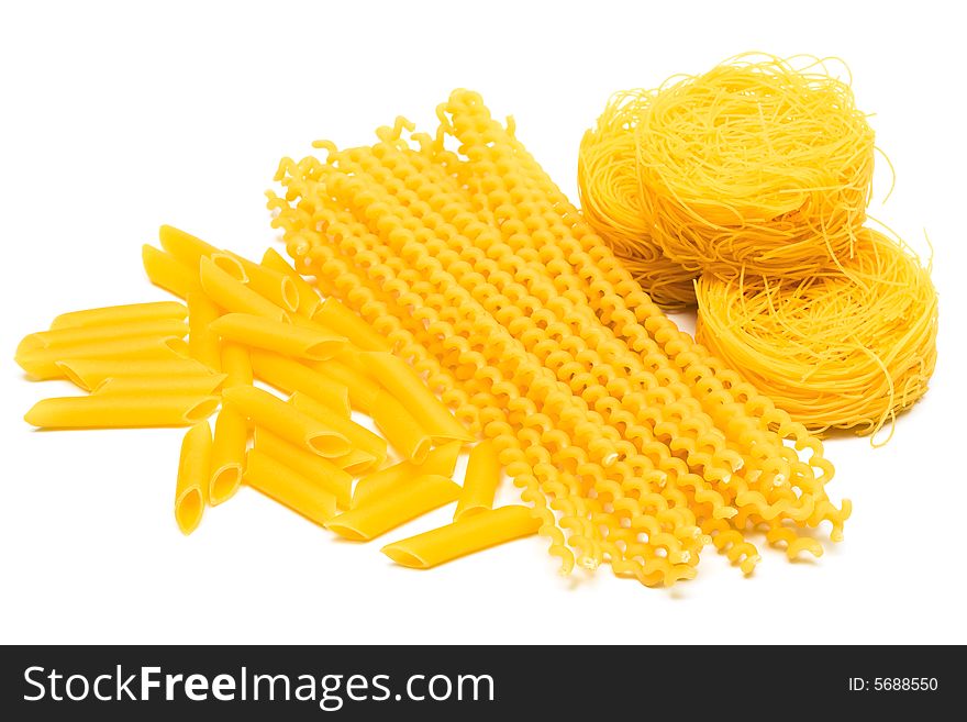 Different beautiful spaghetti on a white background