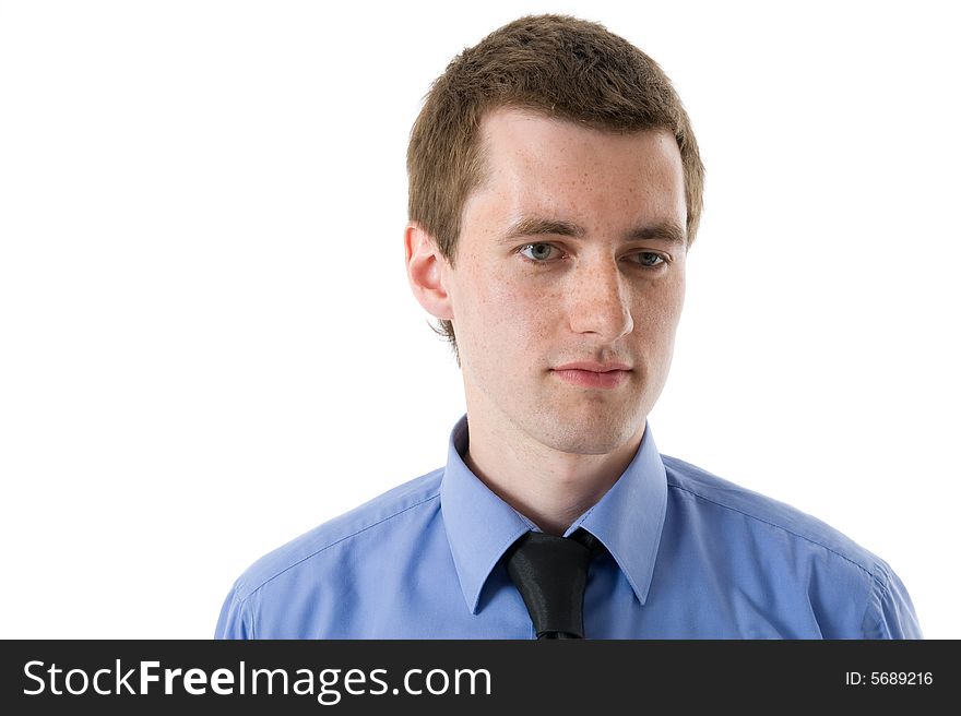 Young businessman showing thumb up and smile.