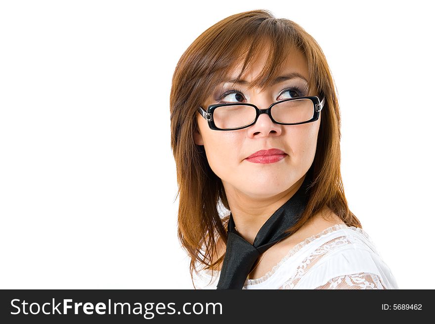 Close-up portrait of beautiful japanese businesswoman looking up. Isolated