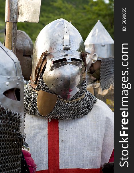 Man wearing costume of Teuton armored knight or infantry, end of XIV century. Man wearing costume of Teuton armored knight or infantry, end of XIV century.