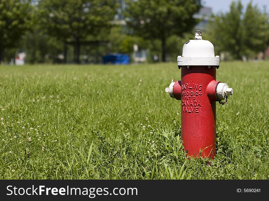 A red and white fire hydrant in a grassy green field. A red and white fire hydrant in a grassy green field