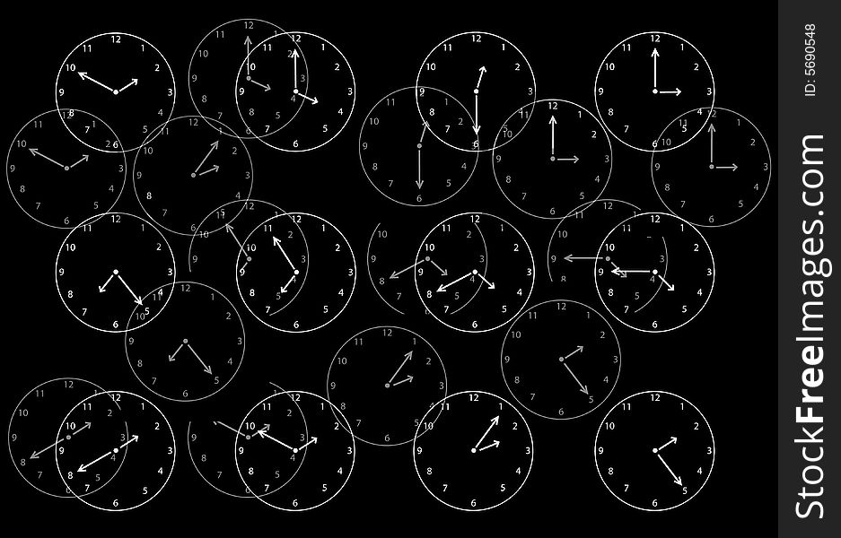 White clock faces layered on a black background. White clock faces layered on a black background