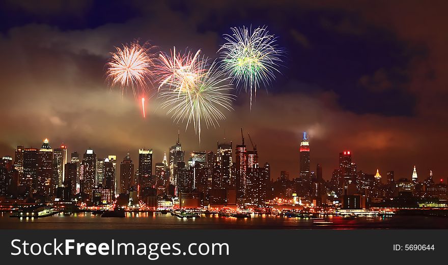 The Mid-town Manhattan Skyline with firework illustration