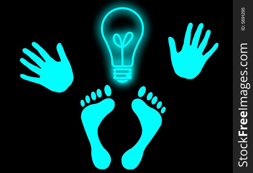 Hands, feet and a light bulb as head to represent genial idea. Hands, feet and a light bulb as head to represent genial idea