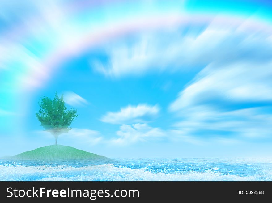 Abstract island with green tree on background Wave on sea beach under year blue sky and cloud