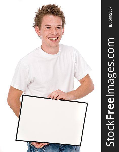 A young man holding a blank board for you to put adverts on