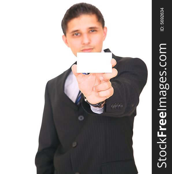 Business man stretching out his arm, presenting empty business card. isolated on white background. Business man stretching out his arm, presenting empty business card. isolated on white background