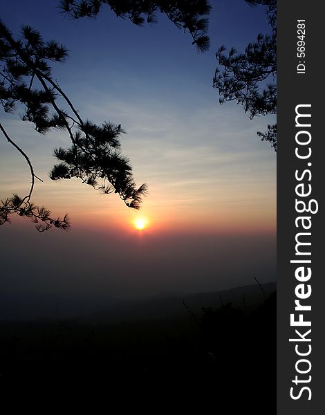 The sunset with the tree and blue sky on the top of mountain in Thailand