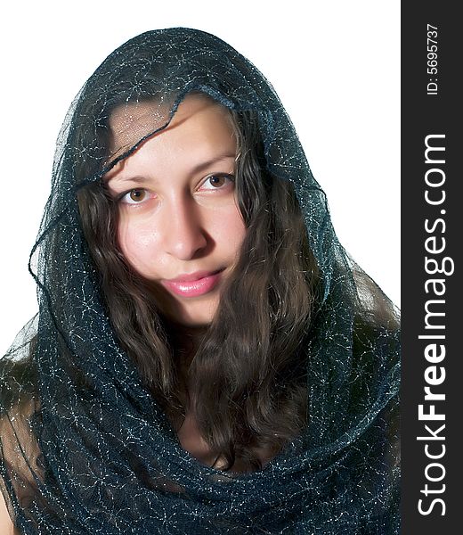 Portrait of pretty girl with the sheer scarf on the hair