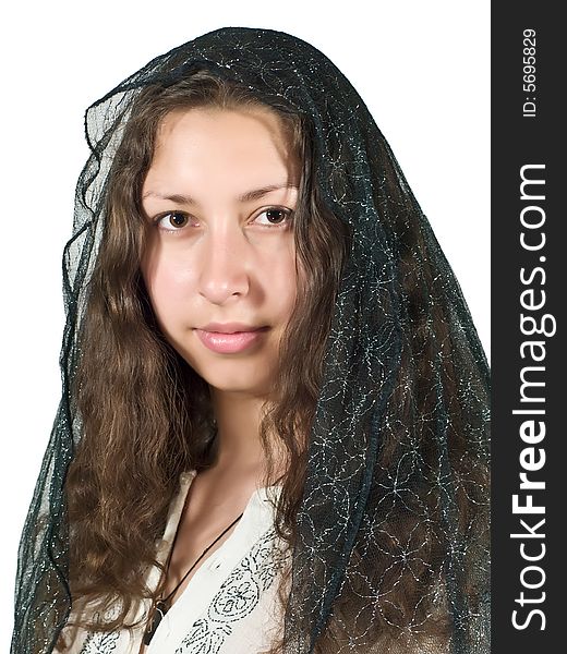 Portrait of pretty girl with the sheer scarf on the hair