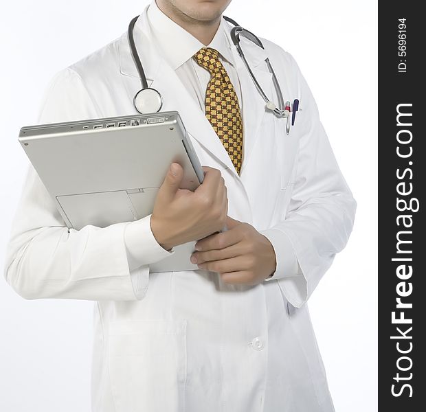 Doctor with overall,portable and stethoscope