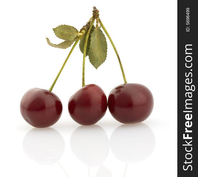 Three red cherries with stems reflected on white background. Three red cherries with stems reflected on white background